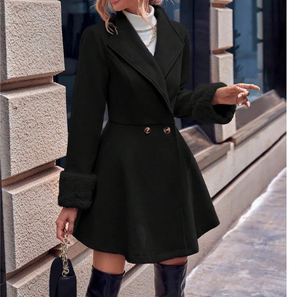Classic Vegan Fur Double breasted Flared Hem Jacket Coat